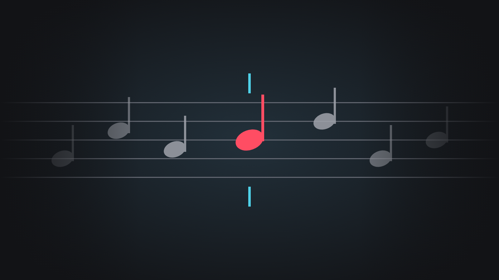 Un rigo musicale che scorre in orizzontale con note grigie che sfumano ai lati e una sola nota rossa ferma al centro
